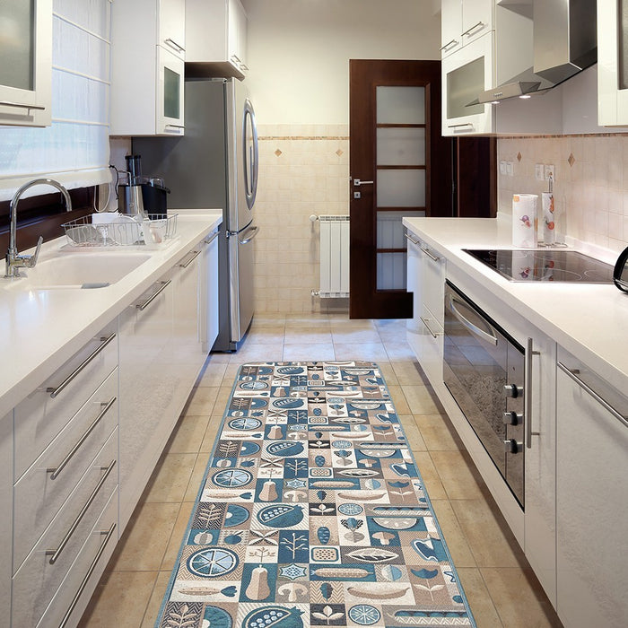 Tappeto Cucina Assorbente Bordato Antiscivolo Frutta e Verdura Passatoia Lavabile 52x80 Cm Blu