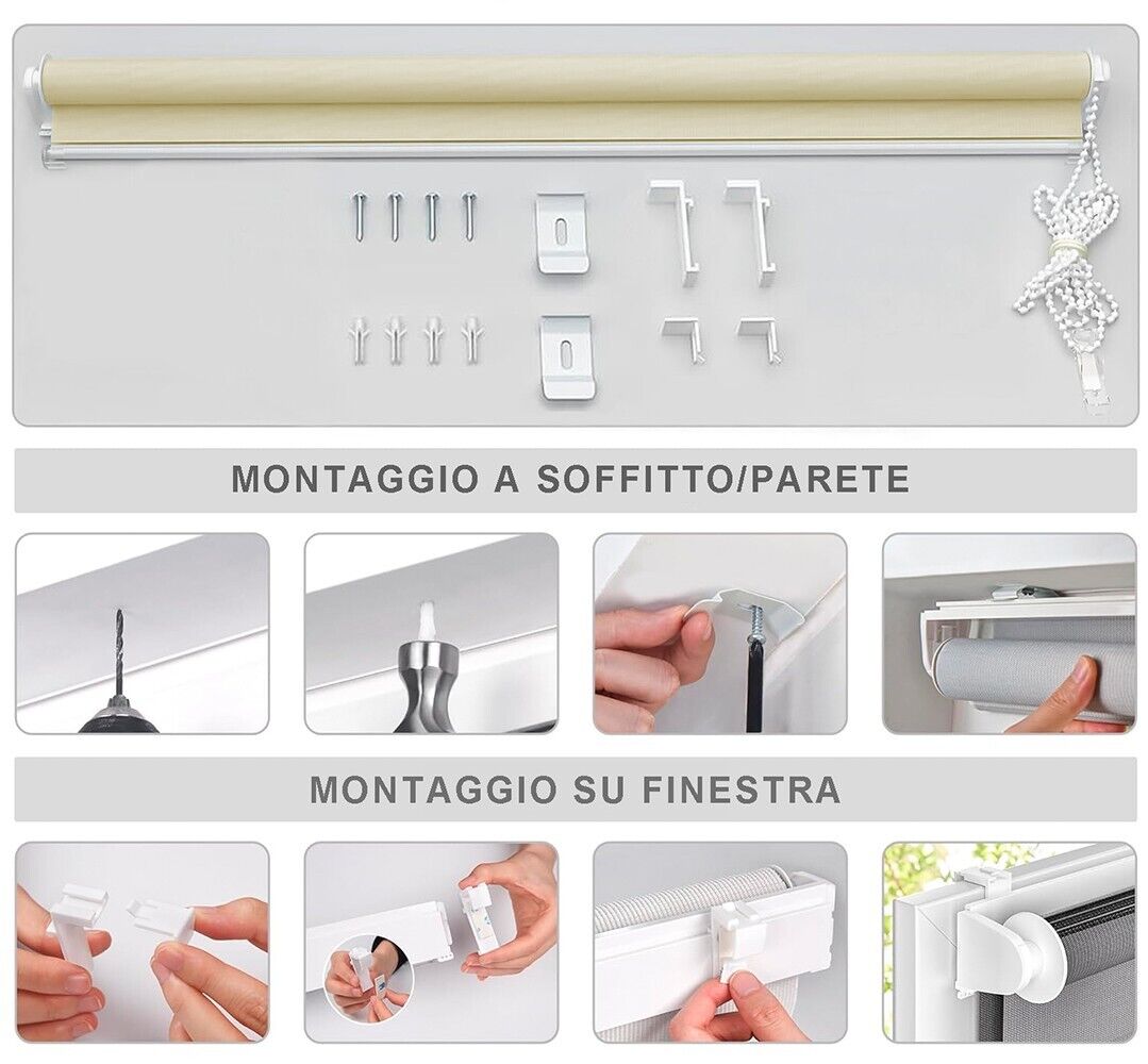 Tenda a Rullo 60x180 Cm Finestra Porta Interno Casa Ufficio Kit Montaggio Parete Telaio No Fori Grigio