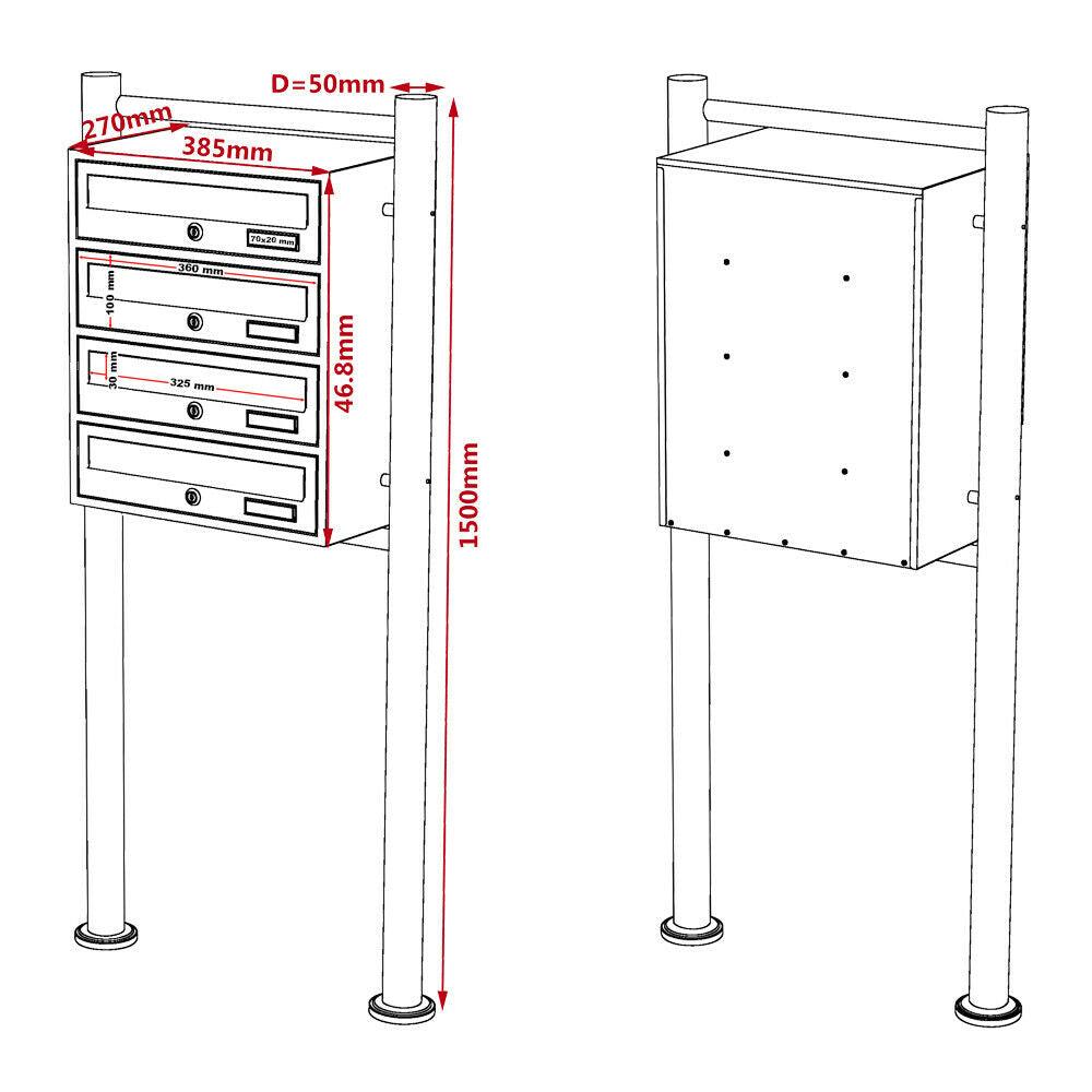 Blocco 4 cassette postali su gambe 4 ingressi acciaio zincato 46,8 x 38,5 x 27 cm nero 16_0000036