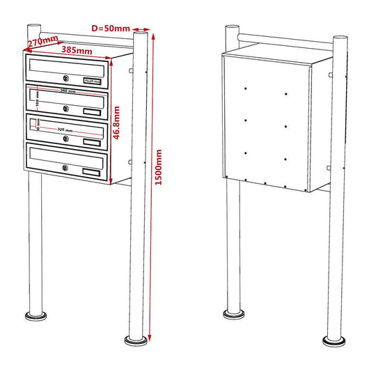 Blocco 4 cassette postali su gambe 4 ingressi acciaio zincato 46,8 x 38,5 x 27 cm nero 16_0000036
