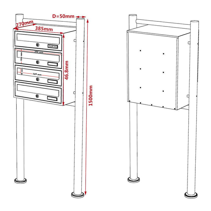 Blocco 4 cassette postali su gambe 4 ingressi acciaio zincato 46,8 x 38,5 x 27 cm nero 16_0000036