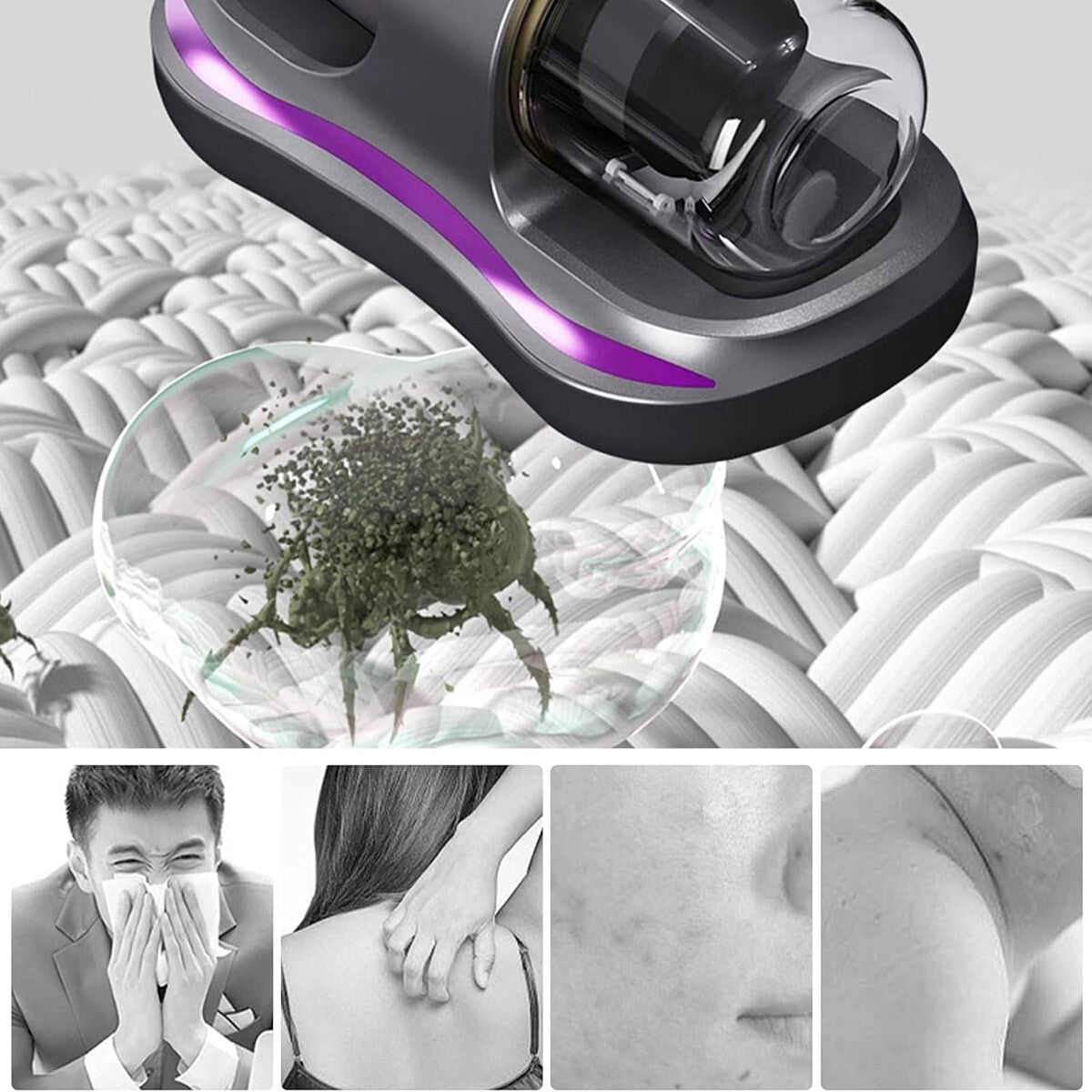 ASPIRAPOLVERE PORTATILE STERILIZZATORE UV PULIZIA ACARI MATERASSI TAPPETI 100W