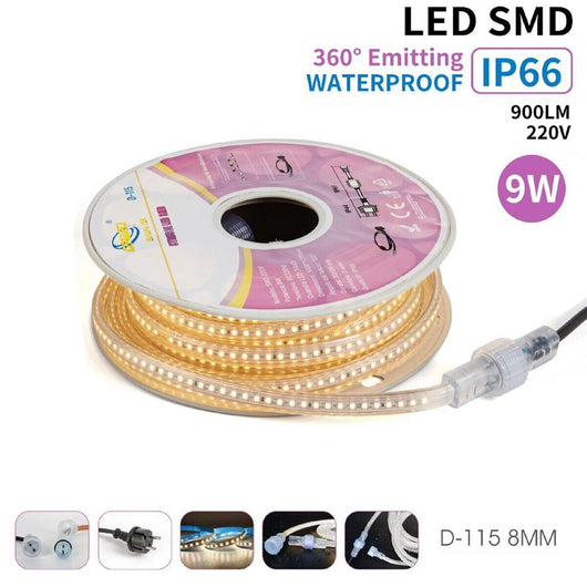 STRISCIA LED SMD 9W 10MT IP66 IMPERMEABILE LUCE BIANCO CALDA ESTERNO INTERNO
