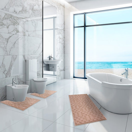 Tappeto Bagno 3D Morbido Assorbente Antiscivolo Lavabile Scendiletto Camera Set 3 Pezzi Salmone
