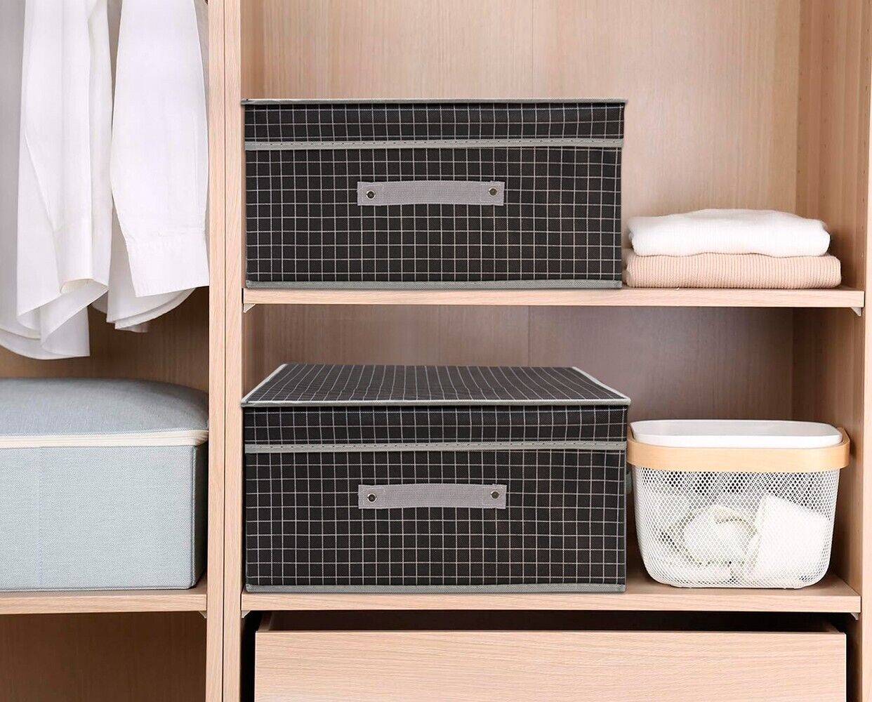 Scatola Salvaspazio Tessuto Rigida 30x28x15 cm Pieghevole Contenitore Vestiti Abiti Nero