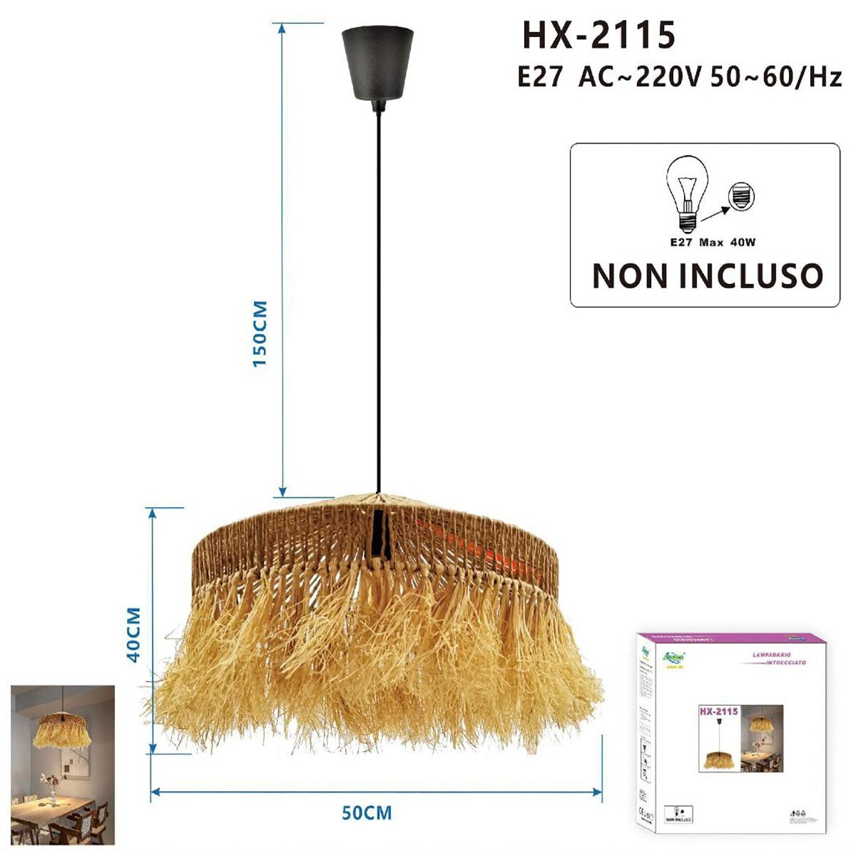 LAMPADARIO A SOSPENSIONE RATTAN NATURALE JUTA INTRECCIATO E27 SPIAGGIA ET-31387