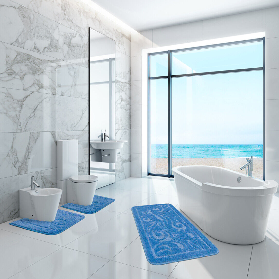 Tappeto Bagno Damascato Parure Azzurro Morbido Soffice Assorbente Antiscivolo Lavabile