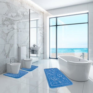 Tappeto Bagno Damascato Parure Azzurro Morbido Soffice Assorbente Antiscivolo Lavabile