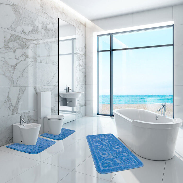 Tappeto Bagno Damascato Parure Azzurro Morbido Soffice Assorbente Antiscivolo Lavabile