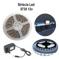 STRISCIA LED 5730 FLESSIBILE 5M ADESIVA ALIMENTATORE 2A LUCE BIANCO FREDDO IP65