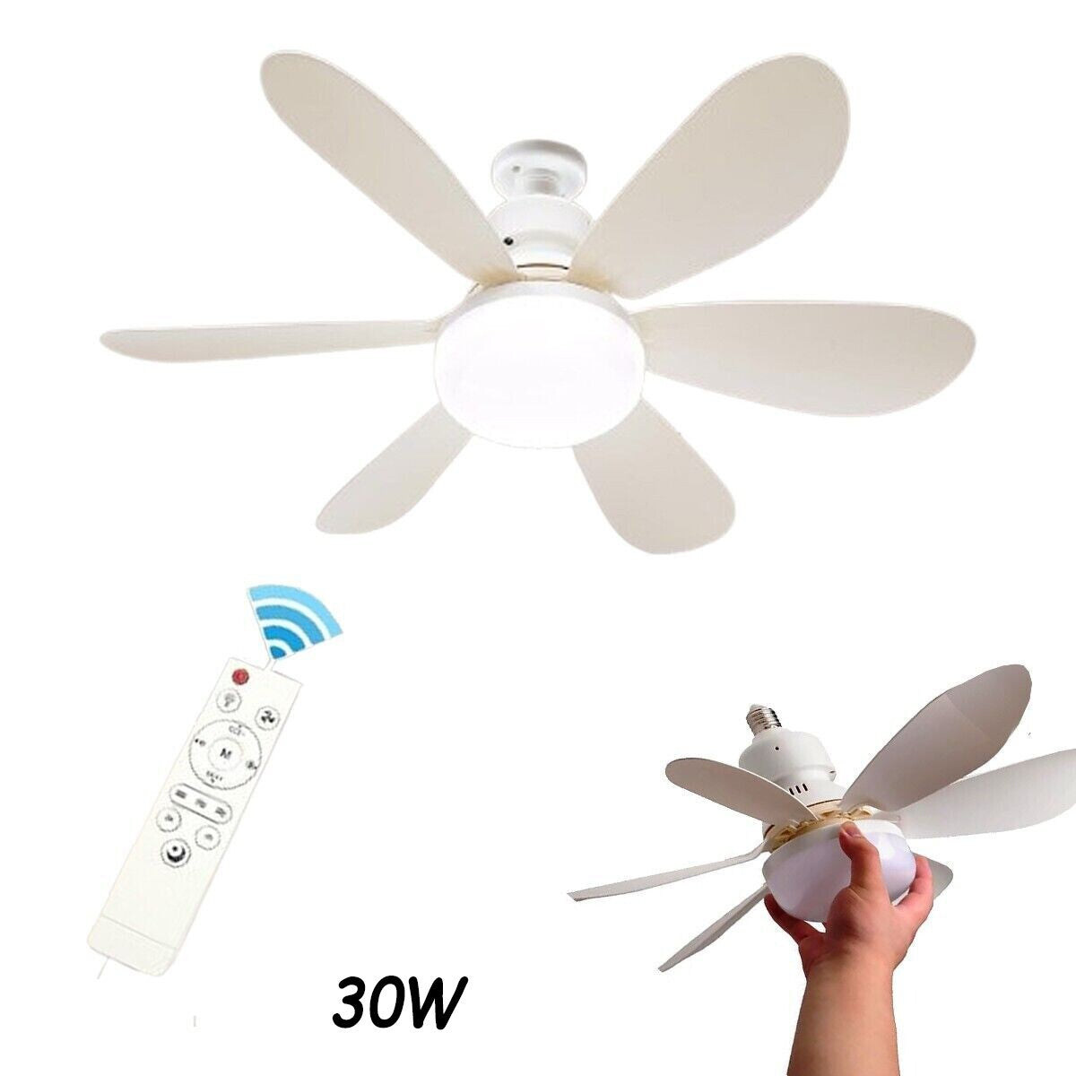 LAMPADA VENTILATORE PLAFONIERA LED SOFFITTO E27 DIMMERABILE PALE TELECOMANDO 30W