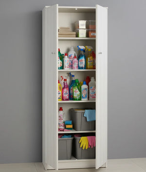 Armadio Utility Multiuso 2 ante 4 ripiani, 5 scomparti | Legno Bianco 62x34x182