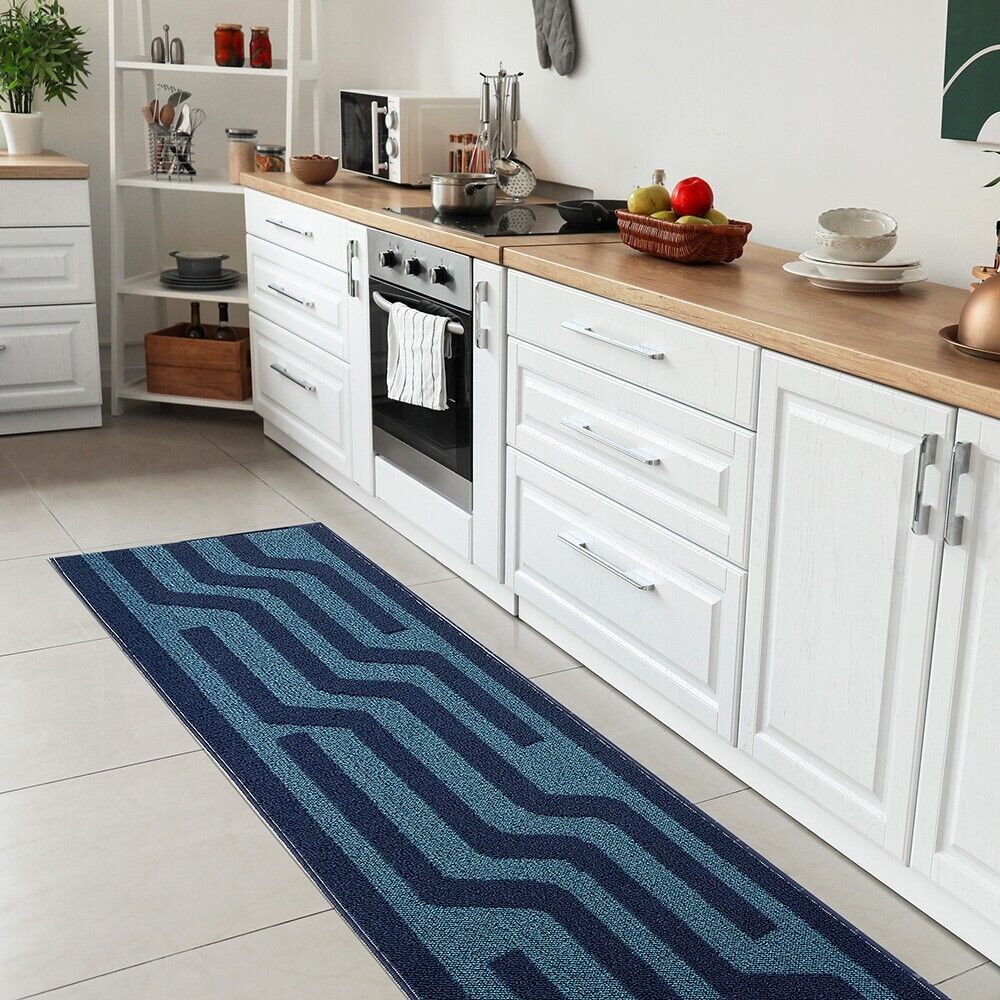 Tappeto Cucina A Righe 50x80 Cm 3D Morbido Bordato Passatoia Ingresso Assorbente Antiscivolo Blu