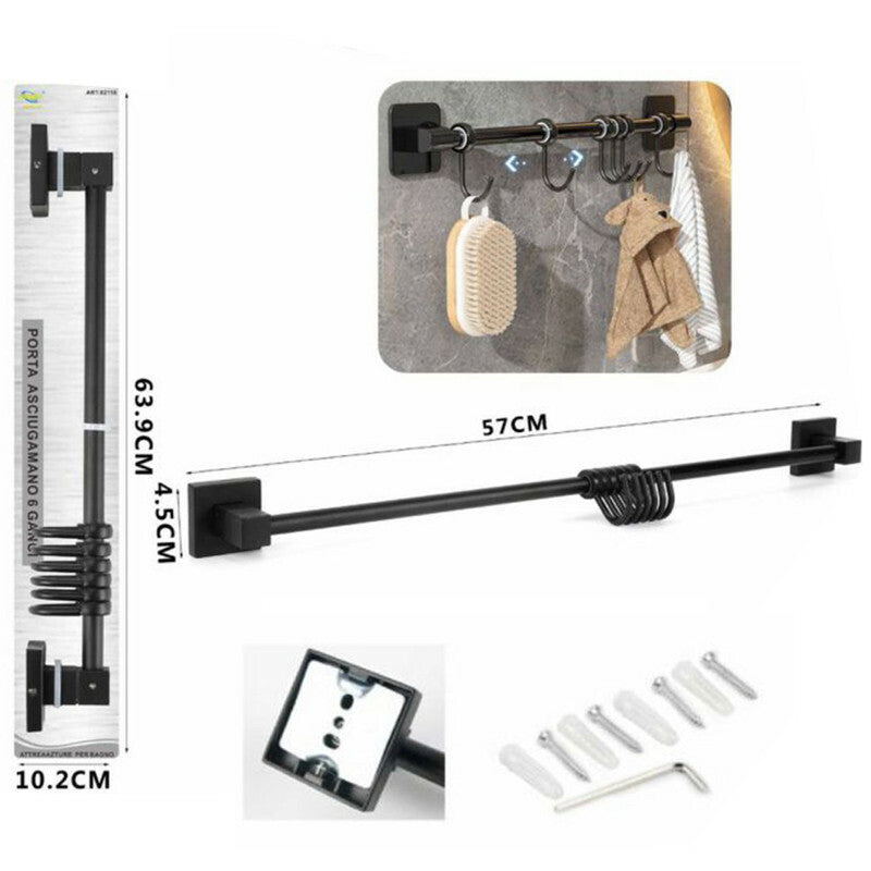 PORTA ASCIUGAMANI 6 GANCI SUPPORTO ARREDO BAGNO CASA CUCINA NERO 02116