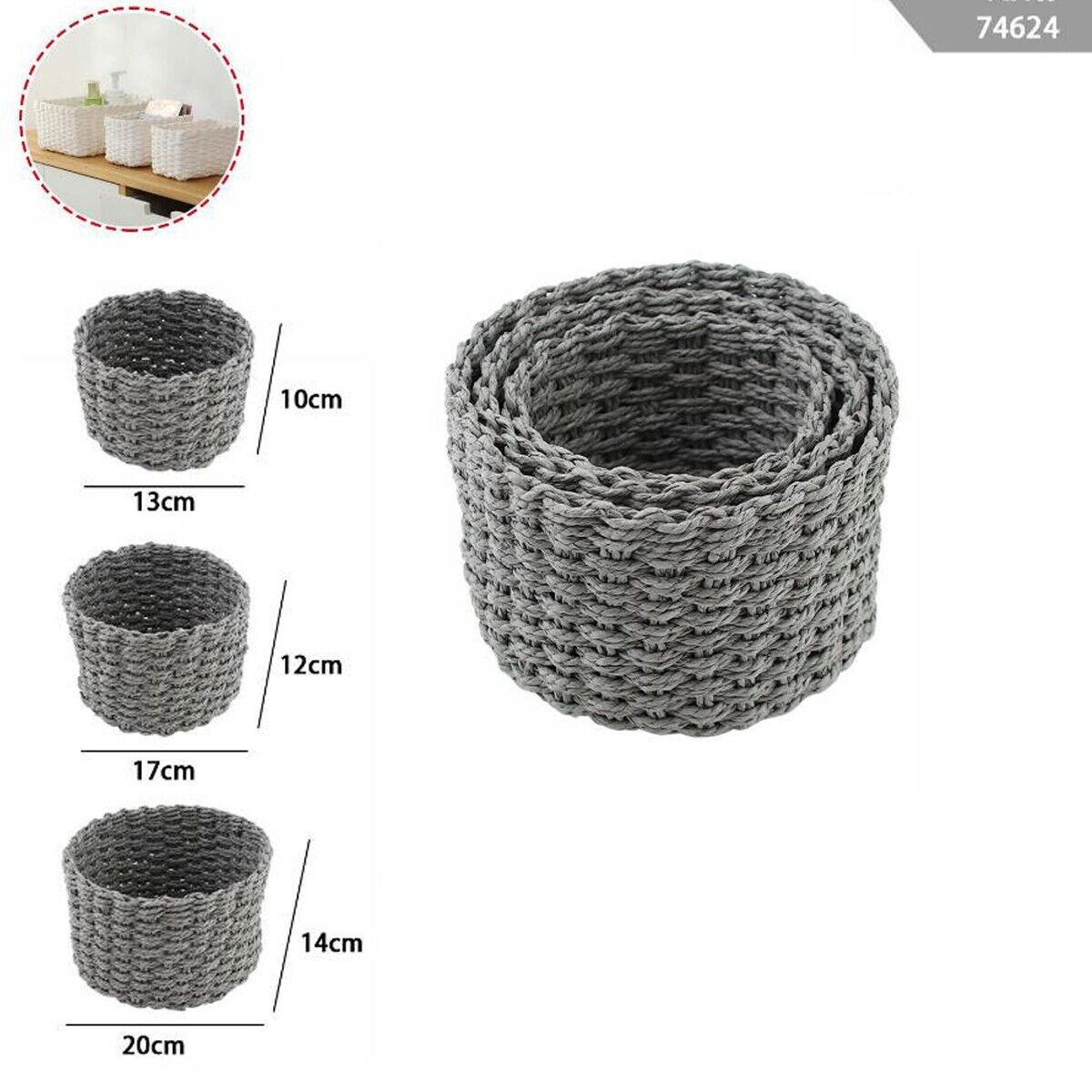 3 CESTINI INTRECCIATI CORDA CESTO PORTA OGGETTI ORGANIZZA ROTONDO 74624