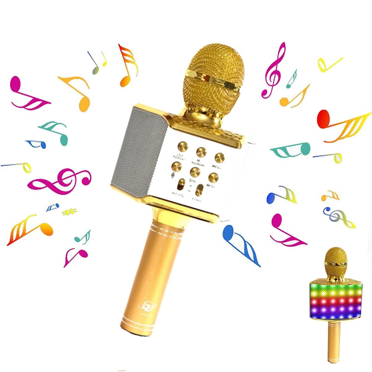 MICROFONO KARAOKE BLUETOOTH WIRELESS ALTOPARLANTE LED RGB REGISTRAZIONE USB