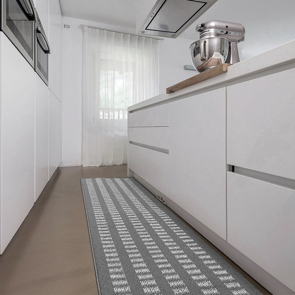 Tappeto Cucina Morbido 3D Assorbente Lavabile Antiscivolo Passatoia Bordata A Righe 57x135 Grigio
