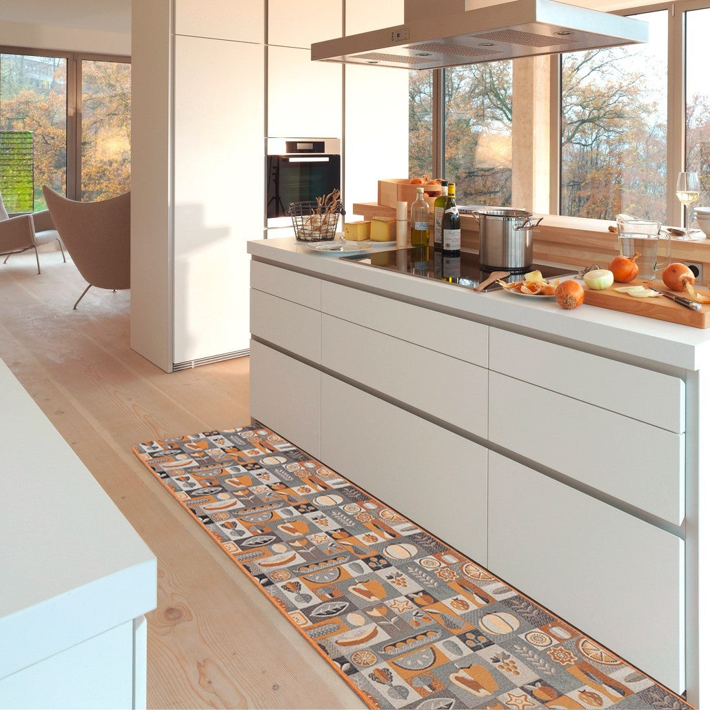 Tappeto Cucina Assorbente Bordato Antiscivolo Frutta e Verdura Passatoia Lavabile 52x140 Cm Arancione