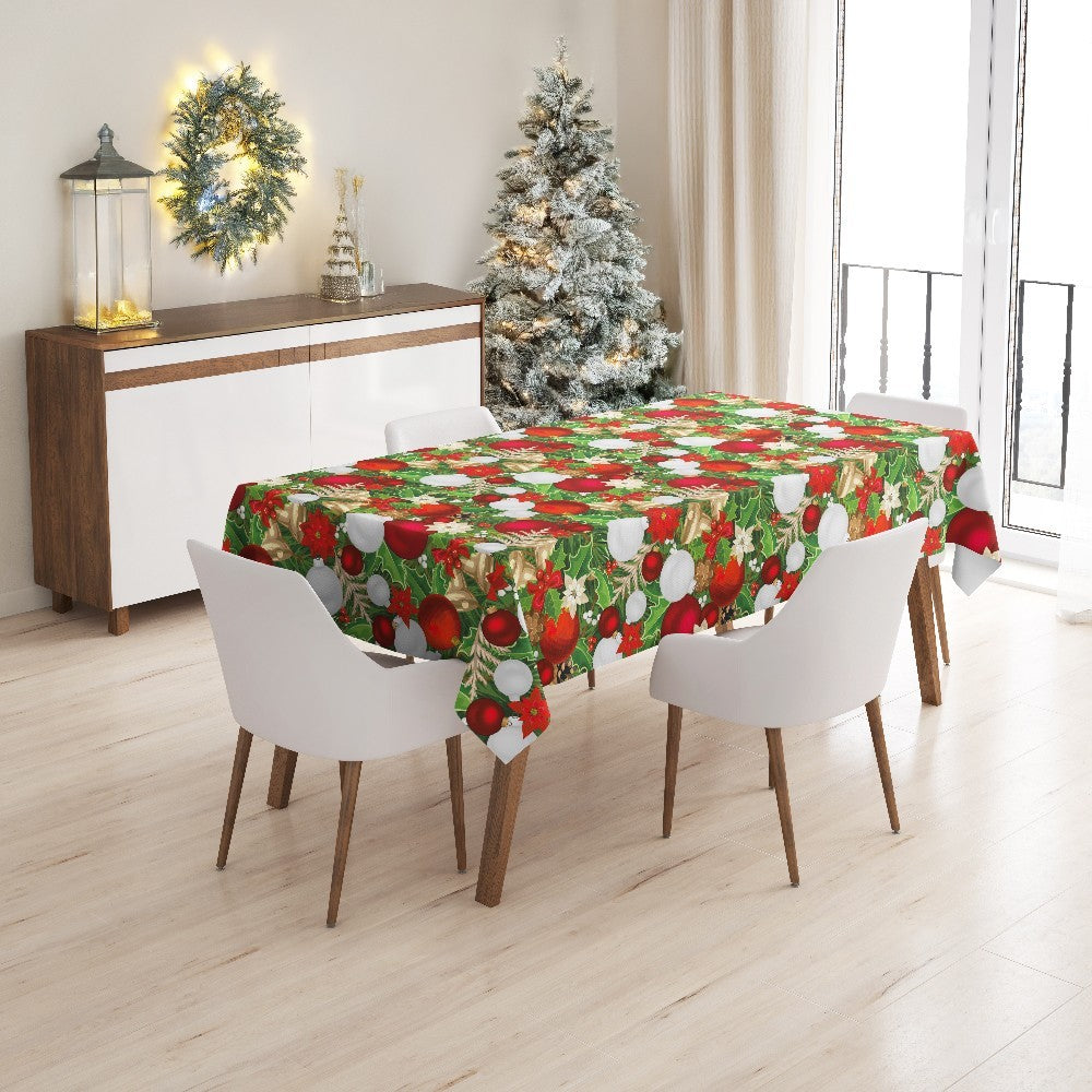 Tovaglia Cucina Natalizia Campanelle Palline Natale Plastificata Antimacchia Moderna - 140x260 Cm