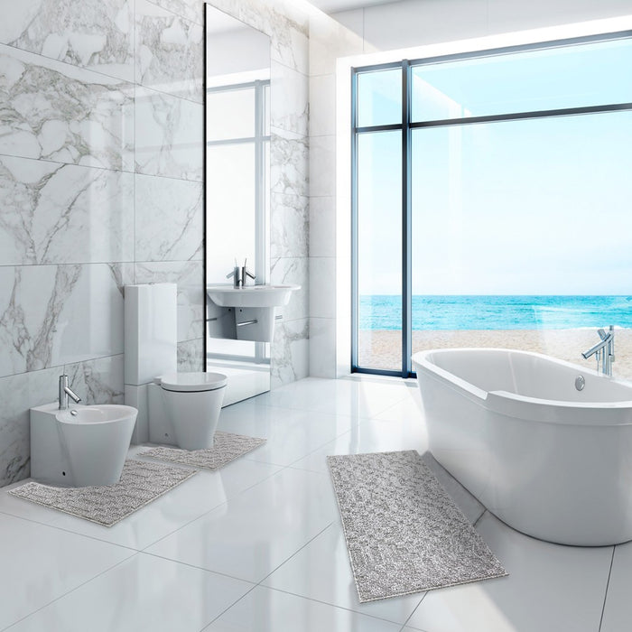 Tappeto Bagno 3D Morbido Assorbente Antiscivolo Lavabile Scendiletto Camera Set 3 Pezzi Grigio