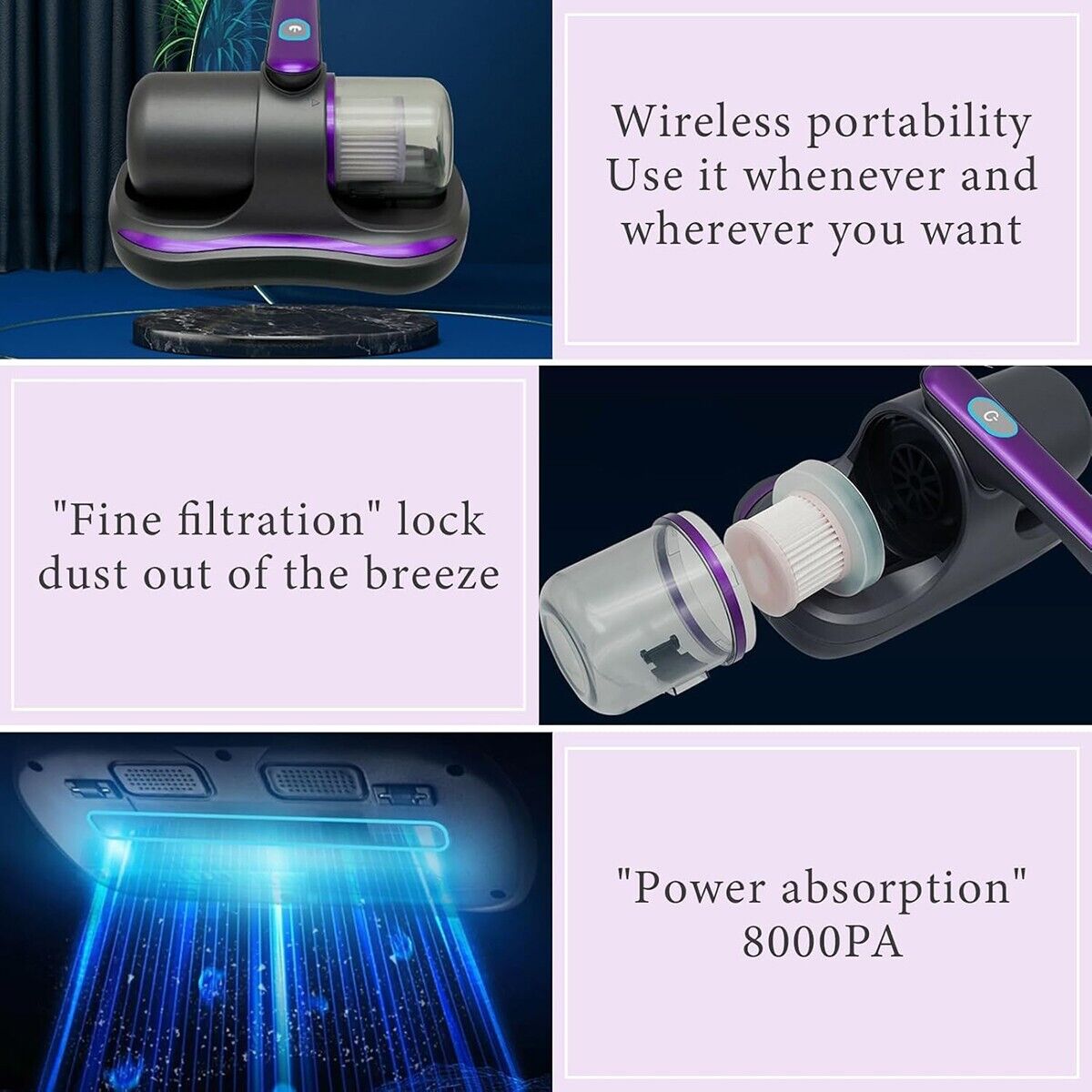 ASPIRAPOLVERE PORTATILE STERILIZZATORE UV PULIZIA ACARI MATERASSI TAPPETI 100W