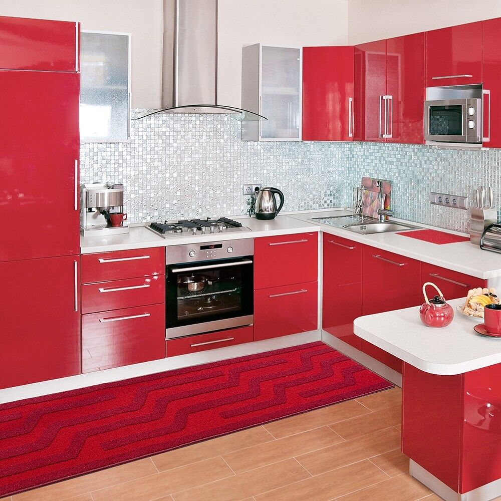Tappeto Cucina A Righe 57x145 Cm 3D Morbido Bordato Passatoia Ingresso Assorbente Antiscivolo Bordeaux