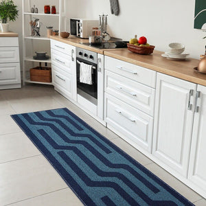 Tappeto Cucina A Righe 57x145 Cm 3D Morbido Bordato Passatoia Ingresso Assorbente Antiscivolo Blu