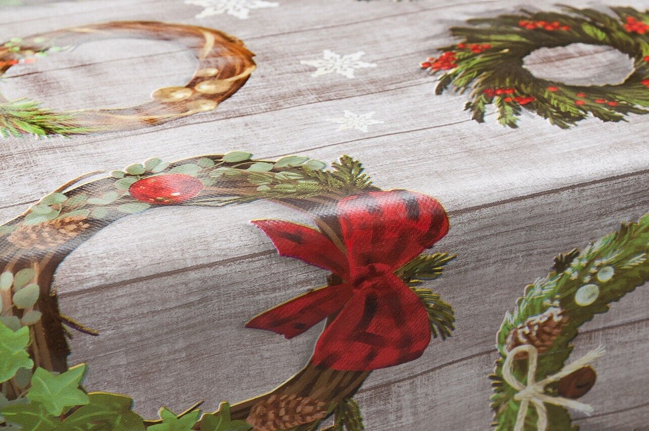 Tovaglia Cucina Natalizia Corona Natale Copritavolo Antimacchia Plastificata Cerata - 140x600 Cm