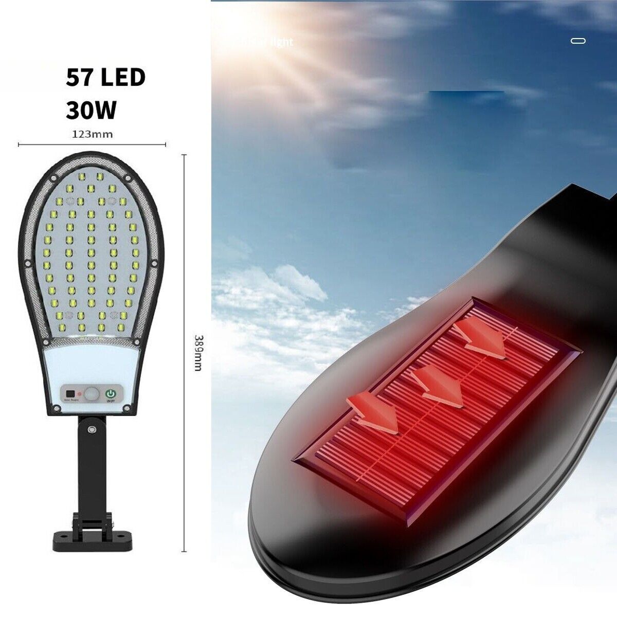 FARO LAMPIONE 57 LED SMD STRADALE PANNELLO SOLARE FOTOVOLTAICO SENSORE IP65 30W