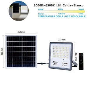 FARO LED FARETTO PANNELLO SOLARE CREPUSCOLARE TELECOMANDO DA 3000K A 6500K 200w