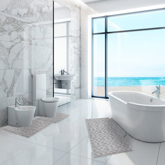 Tappeto Bagno 3D Morbido Assorbente Antiscivolo Lavabile Scendiletto Camera Set 3 Pezzi Grigio