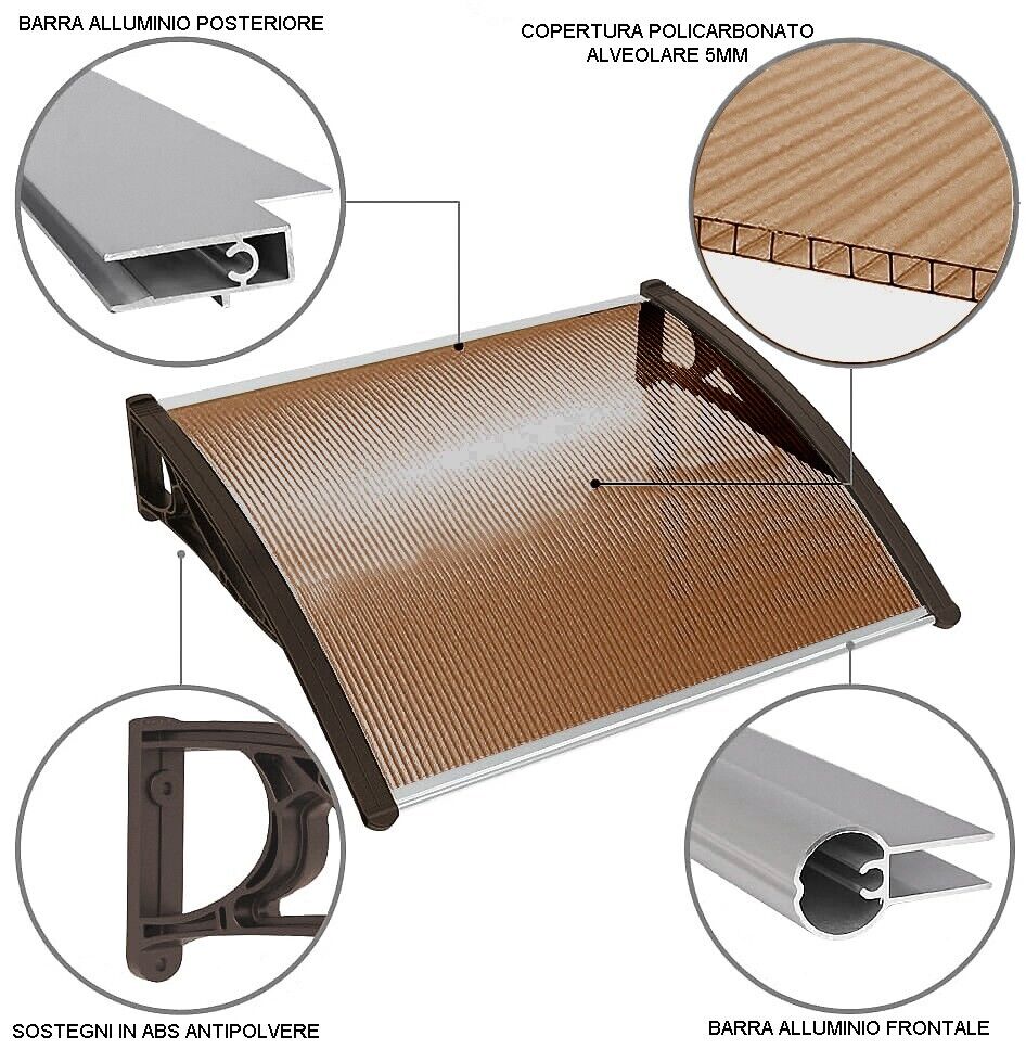 Pensilina Tettoia Modulare 100x80 Cm Tetto Alveolare Trasparente Policarbonato Resistente Fumé