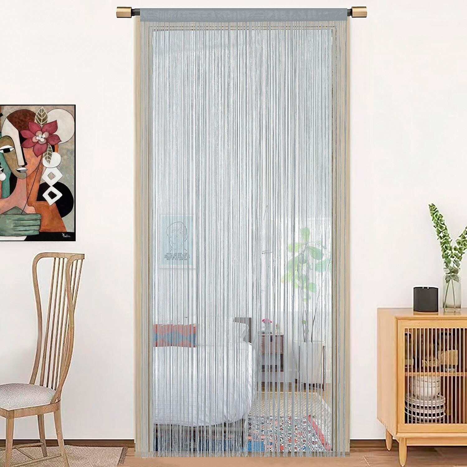 Tenda a Fili Elegante Per Porte Finestre Pannello 100x200 Cm Divisorio Camere Stanze Ambienti Grigio