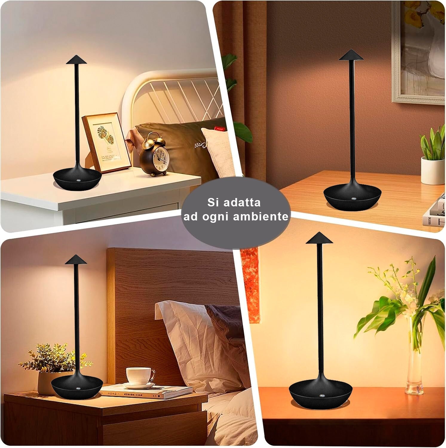 Lampada Touch Led Regolabile Abat Jour Moderna Comodino Tavolo Scrivania No Fili Ricarica Usb Nera