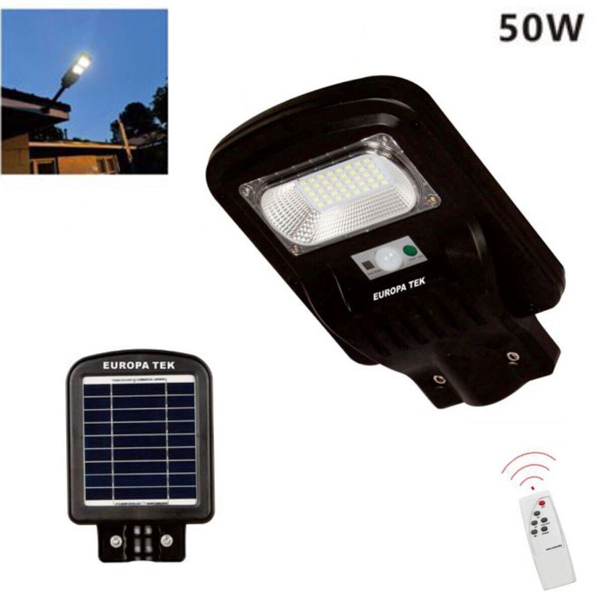 LAMPIONE SOLARE  STRADALE FARO LED ESTERNO SENSORE DI MOVIMENTO TELECOMANDO 50W