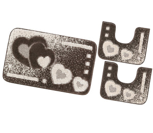 Tappeto Bagno Set 3 Pezzi Cuori Soffice Antiscivolo Assorbente Doccia Marrone