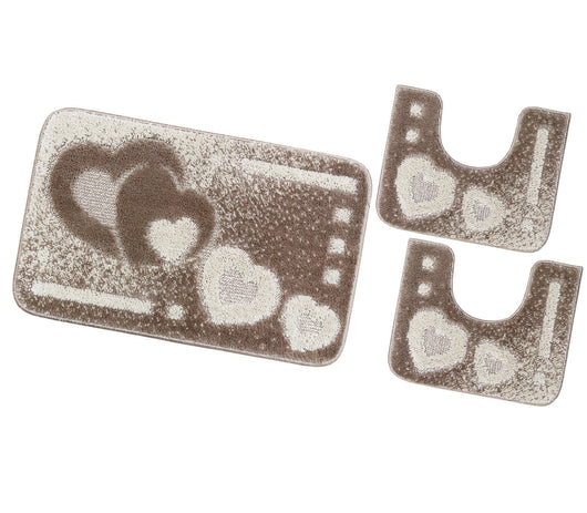 Tappeto Bagno Set 3 Pezzi Cuori Soffice Antiscivolo Assorbente Doccia Beige