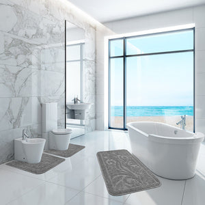 Tappeto Bagno Damascato Parure Grigio Morbido Soffice Assorbente Antiscivolo Lavabile