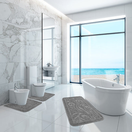 Tappeto Bagno Damascato Parure Grigio Morbido Soffice Assorbente Antiscivolo Lavabile