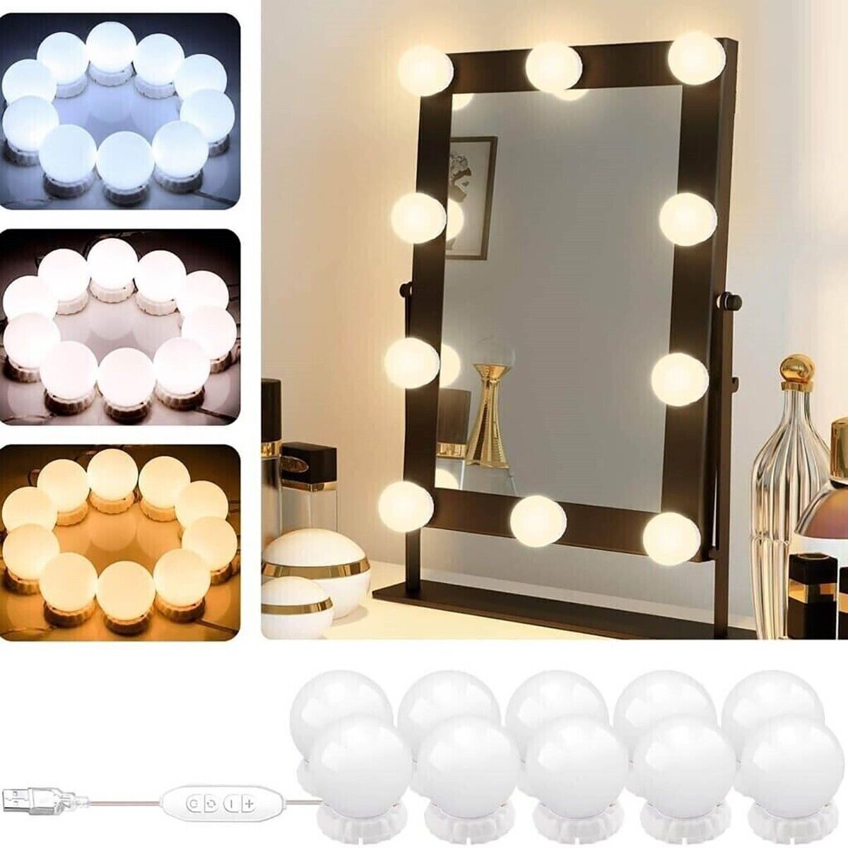 LUCI DA SPECCHIO TRUCCO STILE HOLLYWOOD KIT 10PZ LAMPADINE LED DIMMERABILI