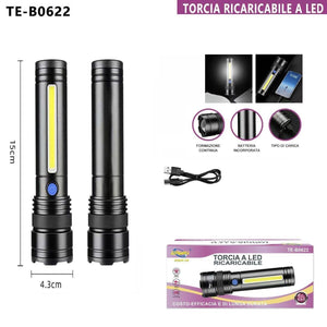 TORCIA RICARICABILE LED LATERALE COB USB POTENTE BATTERIA PORTATILE TE-B0622