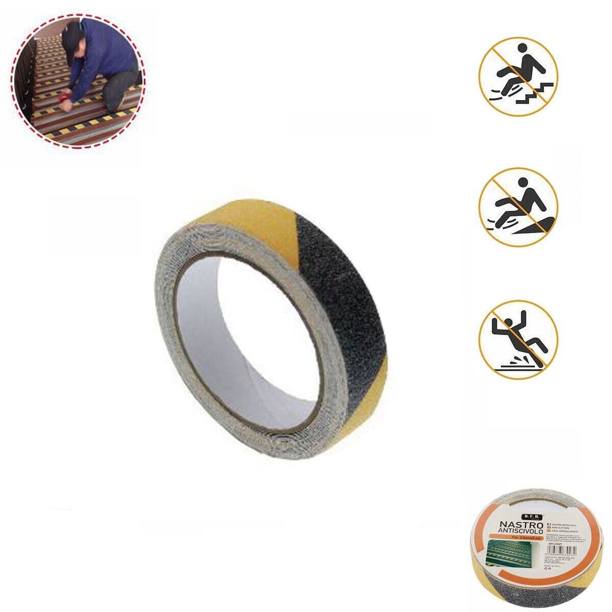 NASTRO ANTISCIVOLO ADESIVO 5MT 2.5MMM BICOLORE SCALE PAVIMENTI SUPERFICI