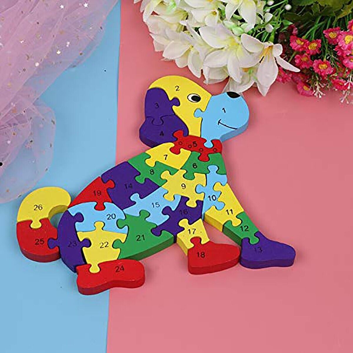 PUZZLE 3D IN LEGNO GIOCO EDUCATIVO NUMERI LETTERE BAMBINI FORMA CANE 52264