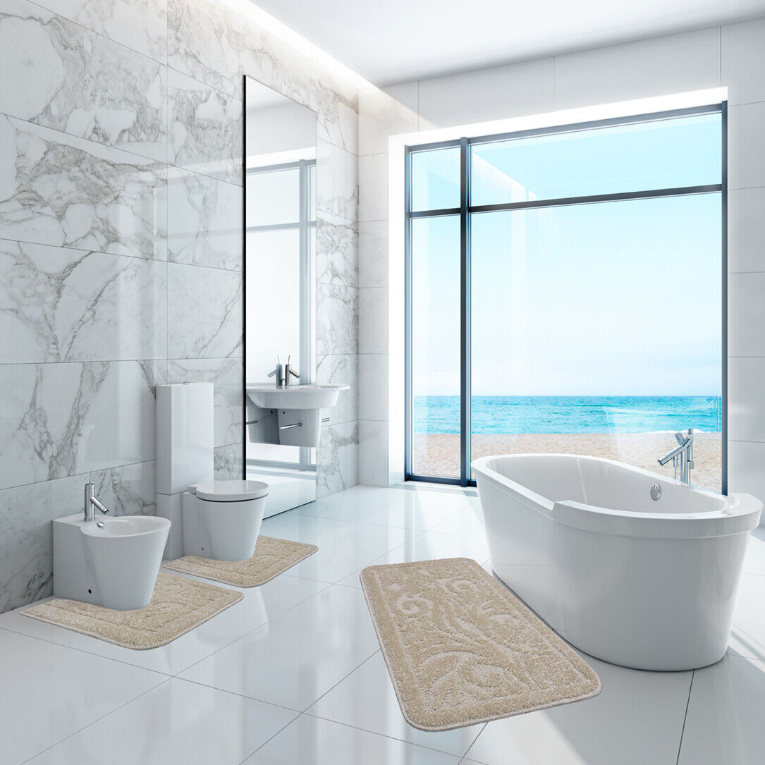 Tappeto Bagno Damascato Parure Panna Morbido Soffice Assorbente Antiscivolo Lavabile