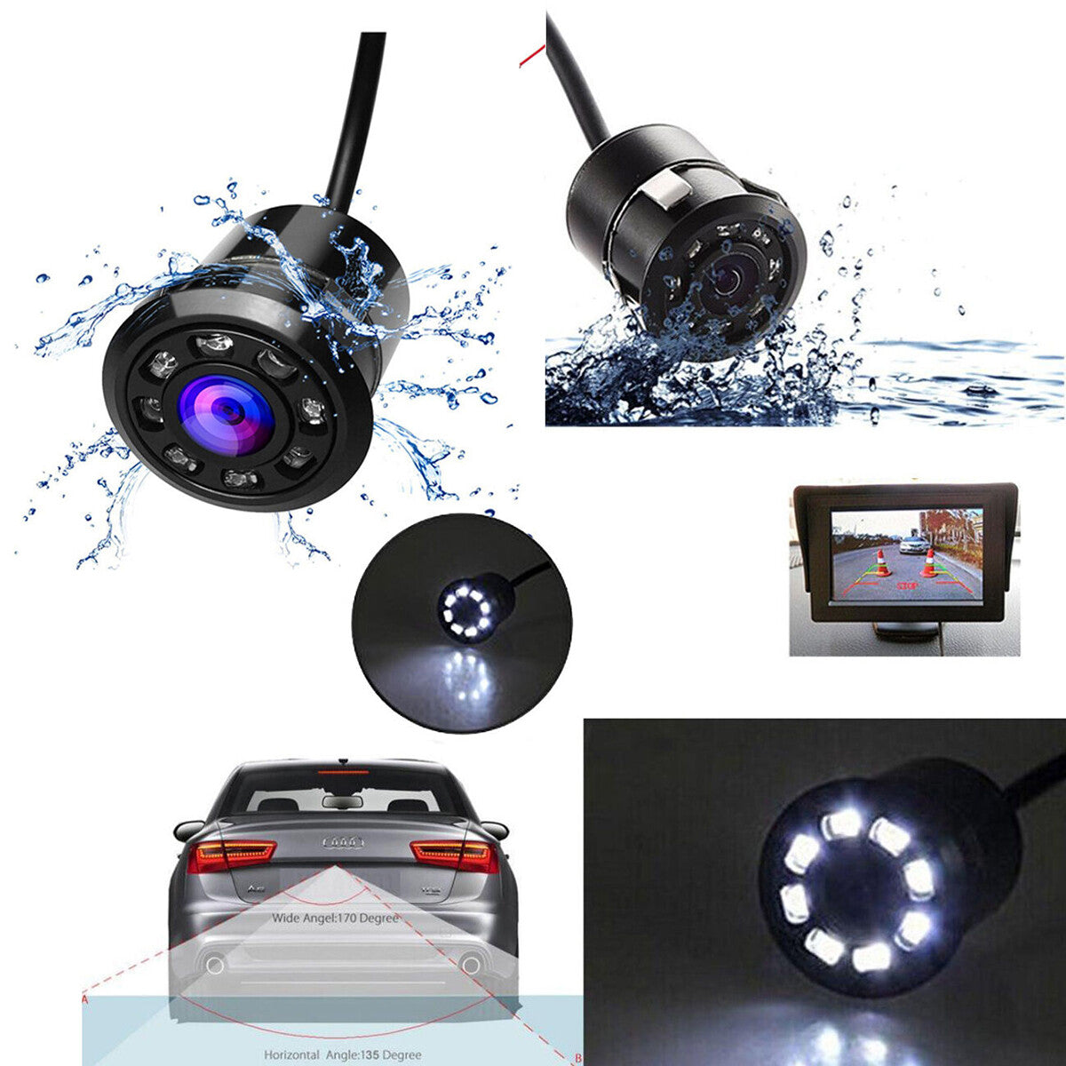 TELECAMERA 170° RETROCAMERA RETROMARCIA 8 LED A MOLLA MINI A COLORI AUTO SUV