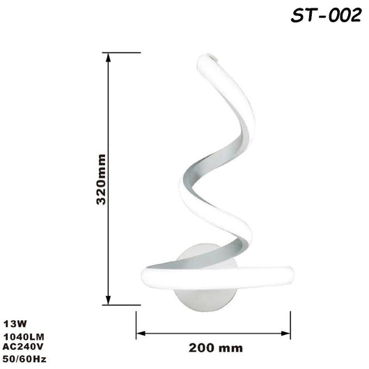 APPLIQUE LAMPADA INTERNO MODERNA PARETE MURO SPIRALE 13W LUCE NATURALE ST-002