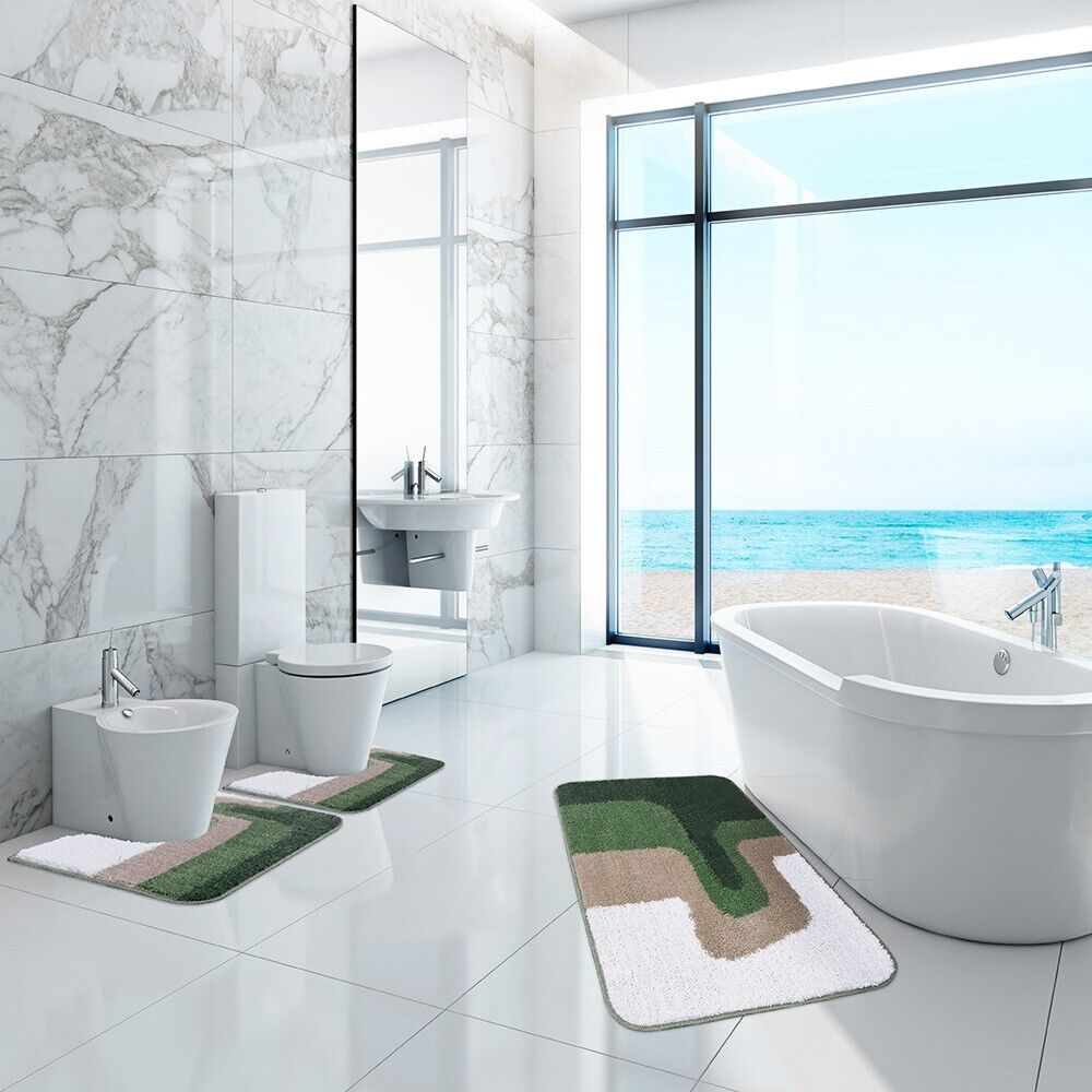 Tappeto Bagno Scendiletto Pelo Raso Morbido Assorbente Antiscivolo Lavabile Set 3 Pezzi Verde