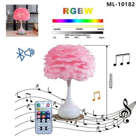 LAMPADA LED RGBW CON PIUME ROSA TAVOLO COMODINO BLUETOOTH TELECOMANDO MUSICA