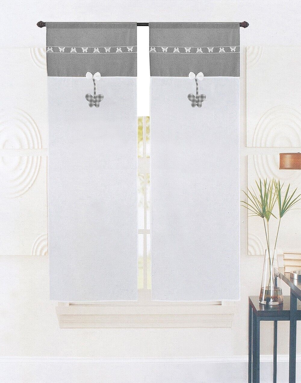 Tende Finestre Porta Interno Tessuto Semitrasparente Shabby Chic Farfalla Coppia Grigio - 60x240 Cm