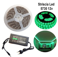 STRISCIA STRIP LED 5730 5M ADESIVA LUCE IP65 ALIMENTATORE 12V 5A VERDE 12W/M